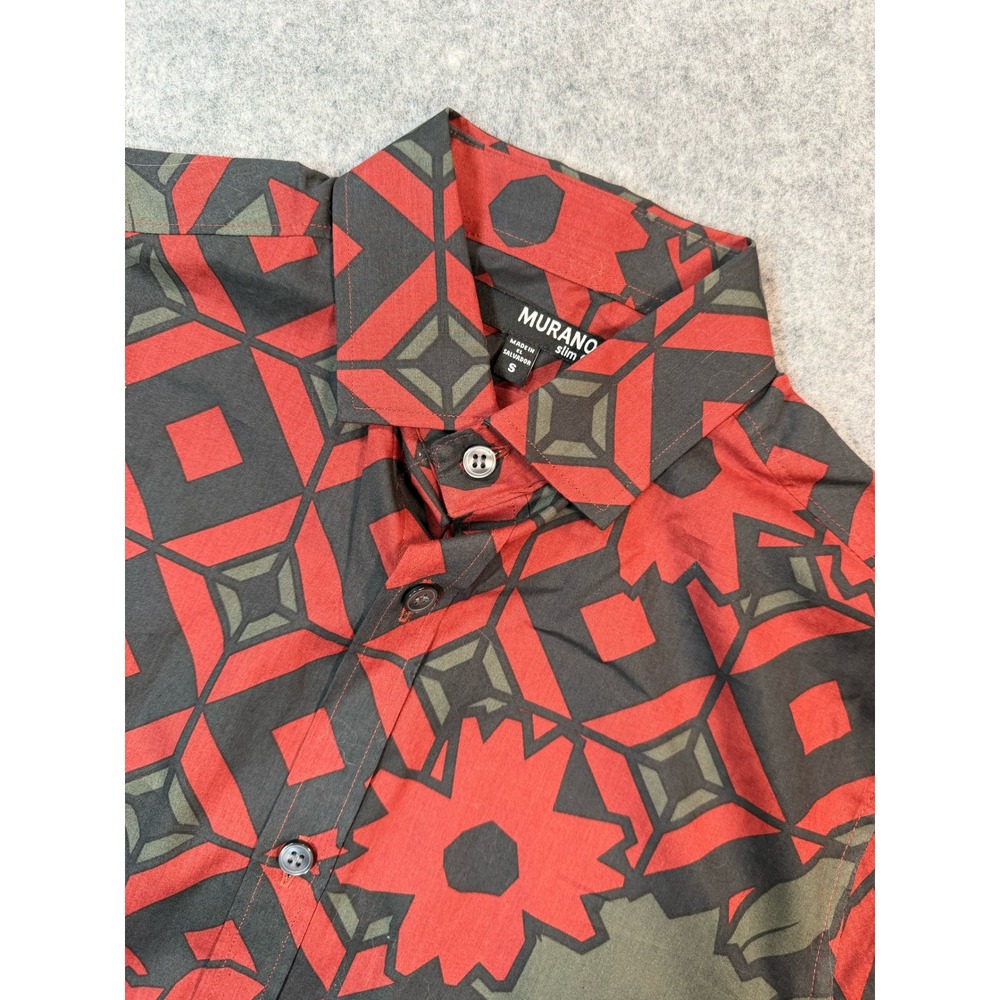 Murano Slim Fit Short Sleeve Button Down Shirt Red Black Floral Geometric Mens S